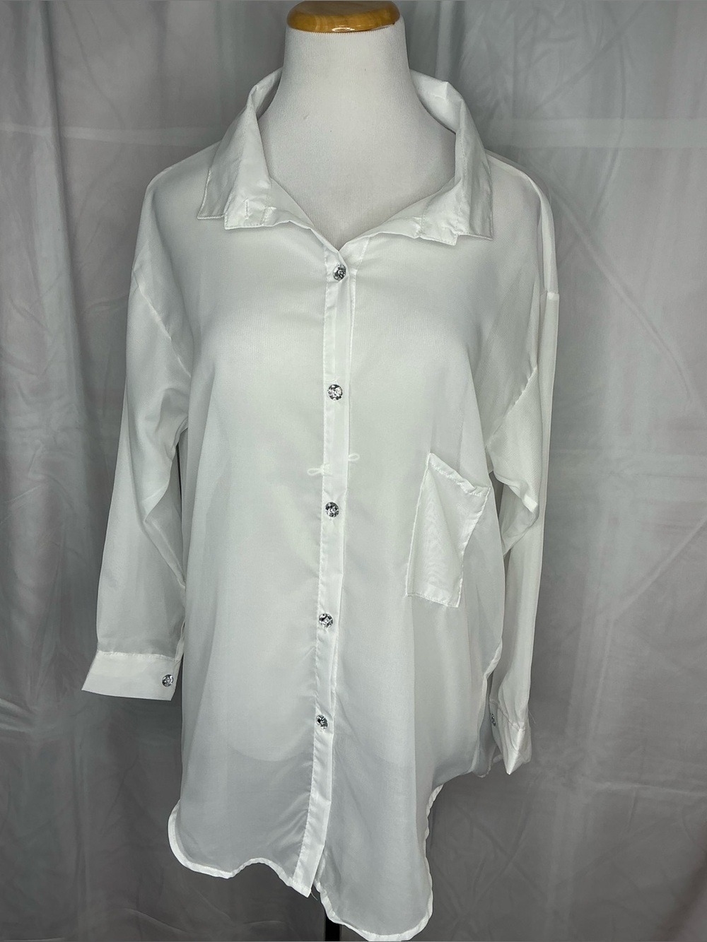 2165 - Elegant Sheer White Button-Down Blouse with Sparkly Diamond Accents - Per - Picture 2 of 8